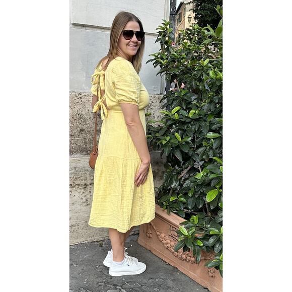 LOVE WHIT Yellow 100% Cotton Tie Back Crewneck Short Sleeve Flowy Midi Dress S - Picture 11 of 12